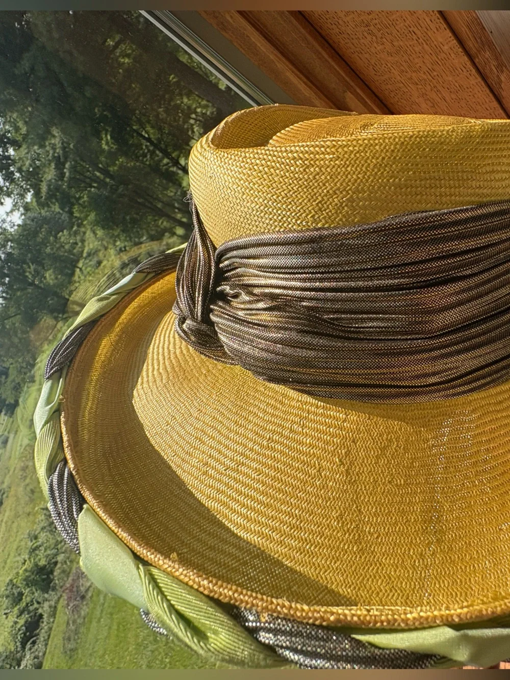 Whittall & Shon Golden Hat Silver Green Braided Favric Rim Gold Lamme Twist
